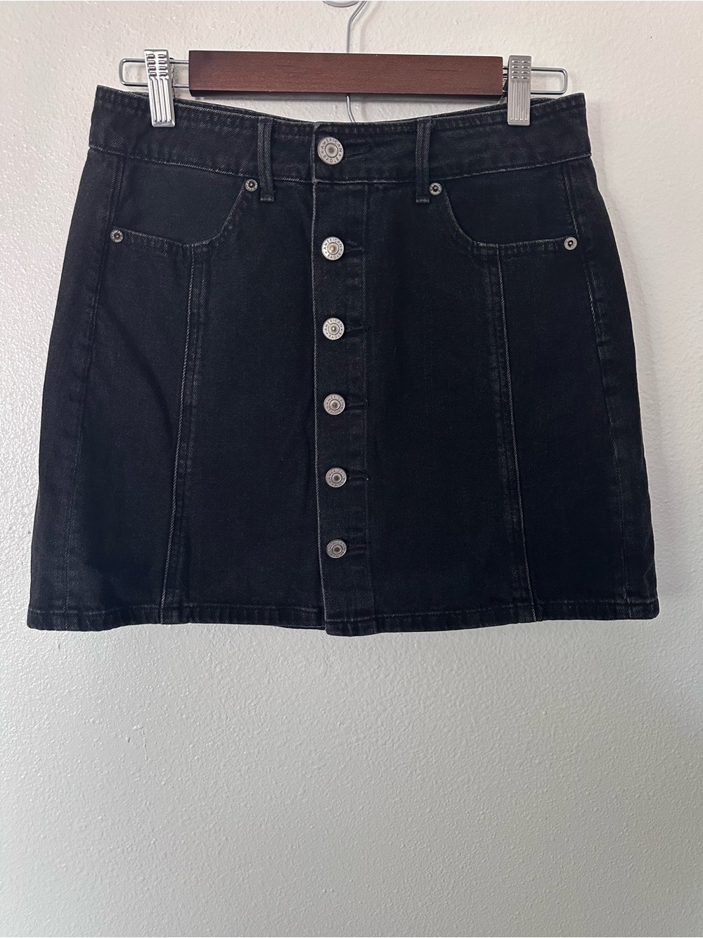 High-Rise Black Button-Front A-Line Jean Mini Skirt-American Eagle